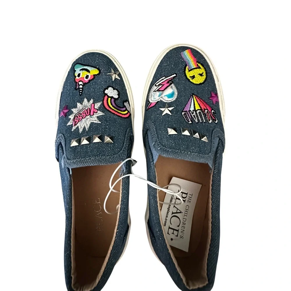 The Children's Place Slip On Sneakers Patches Studded Blue Denim Size 13‎